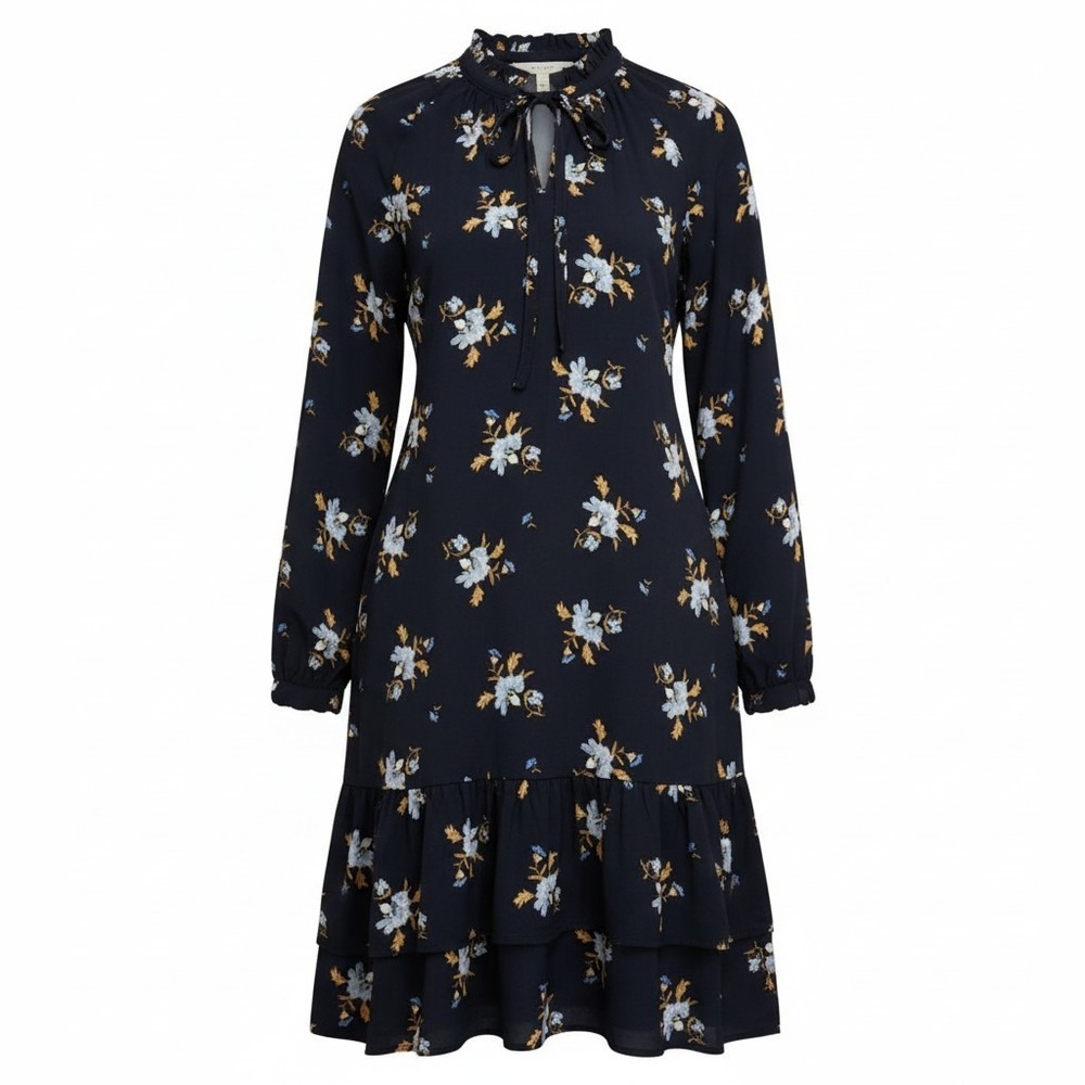 LOFT Floral Ruffle Hem Shift Mini Dress Womens XL Black Boho Cottagecore Spring